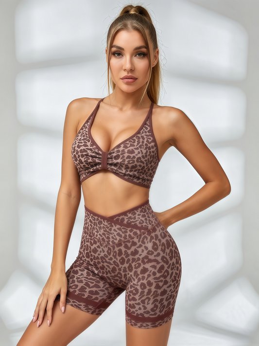 Leopard Print Crisscross Back Sports Bra & High-Waisted Biker Short Set