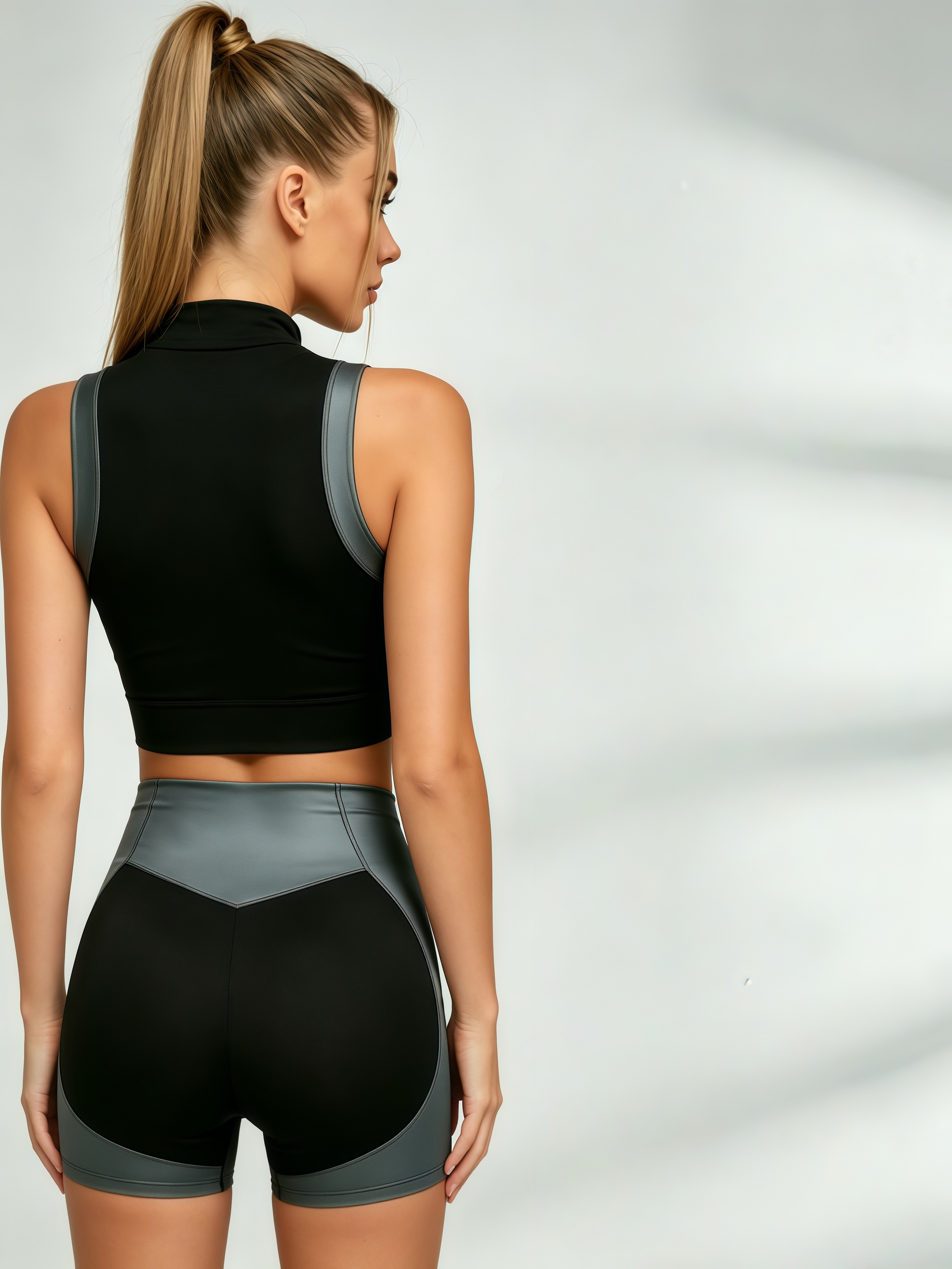 Panel Half Zip Crop Top Biker Short Set