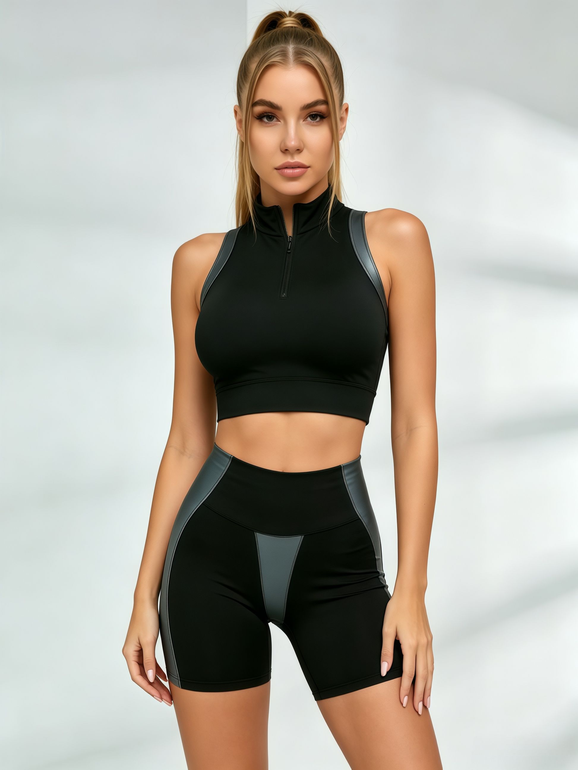 Panel Half Zip Crop Top Biker Short Set