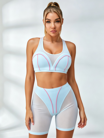 Mesh Panel Pink Piping Sheer Light Blue Active Set