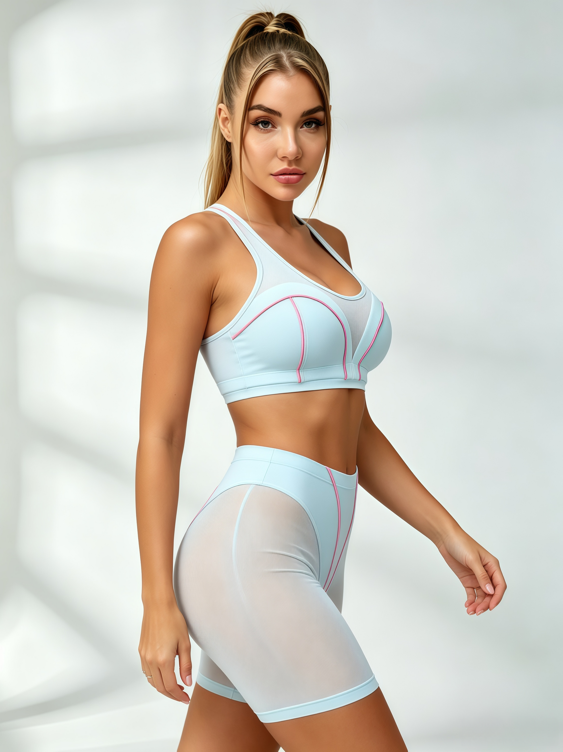 Mesh Panel Pink Piping Sheer Light Blue Active Set