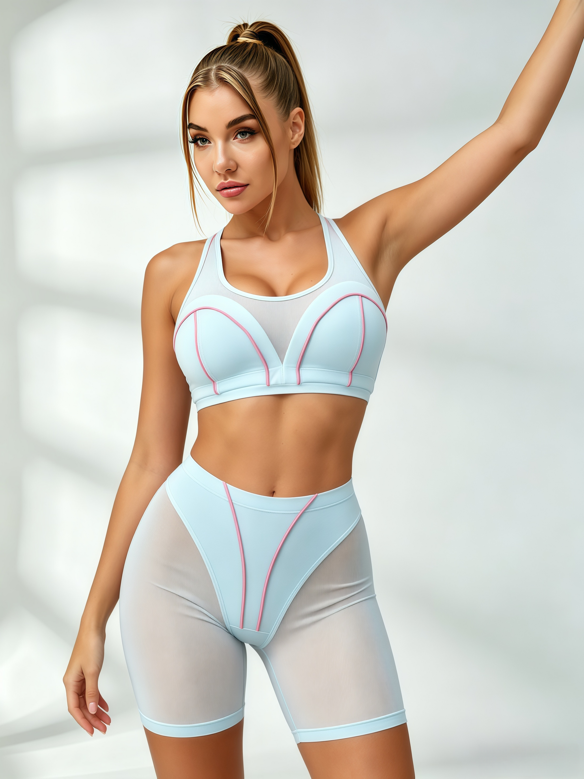 Mesh Panel Pink Piping Sheer Light Blue Active Set