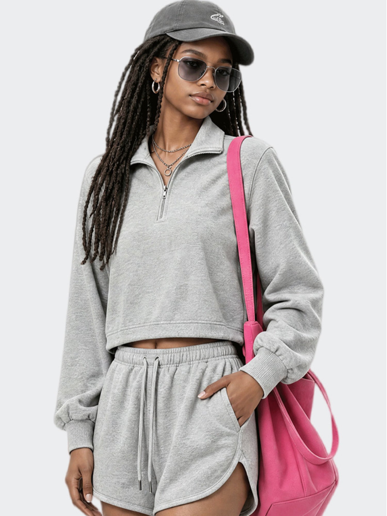 Cropped Half Zip Sweatshirt & Shorts Set