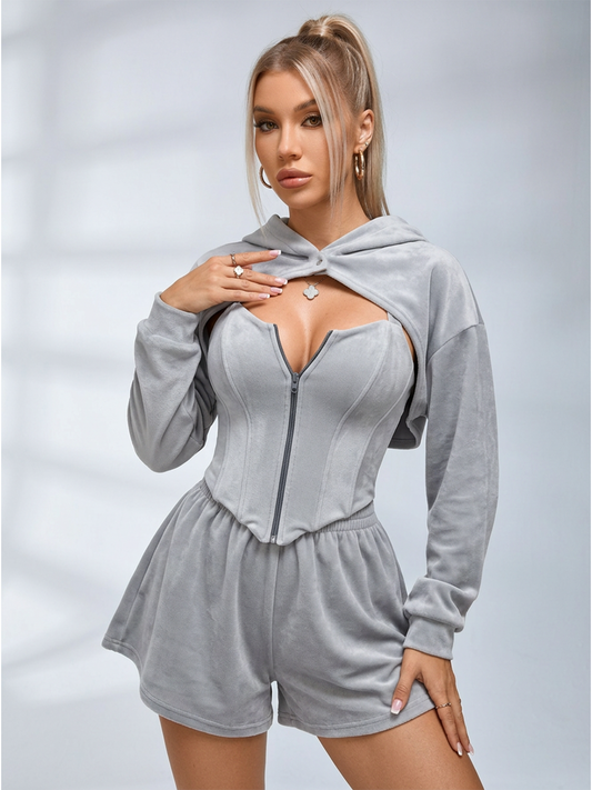 Corset Top Cropped Jacket Shorts 3 Piece Set