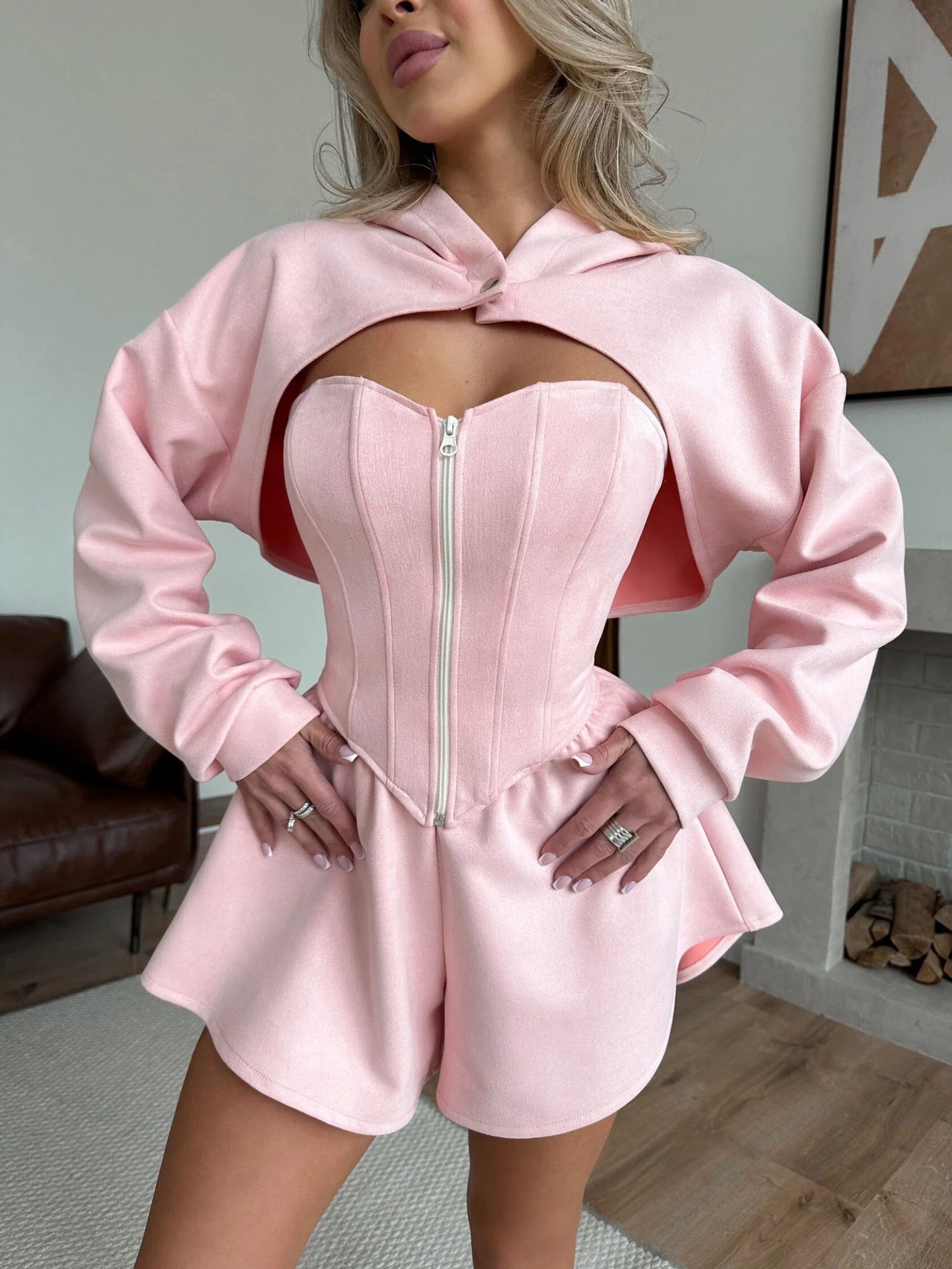 Corset Top Cropped Jacket Shorts 3 Piece Set