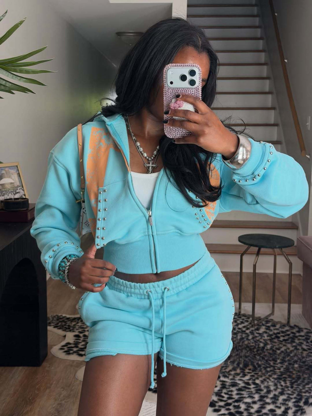 Streetwear Rivet Embellished 2 Piece Lounge Outfit