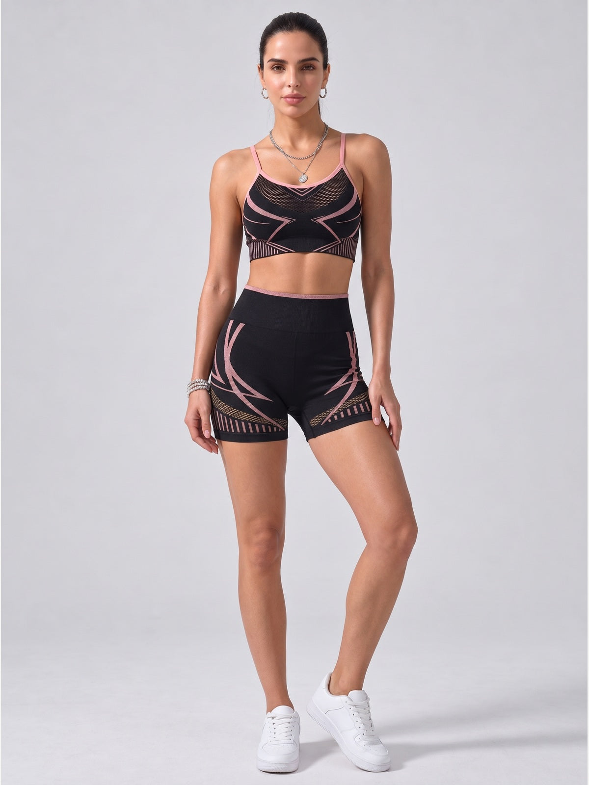 Black Pink Mesh Panel Sports Bra & High Waist Bike Shorts Set