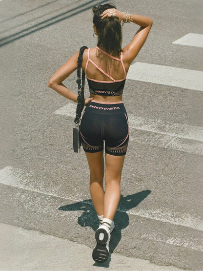 Black Pink Mesh Panel Sports Bra & High Waist Bike Shorts Set