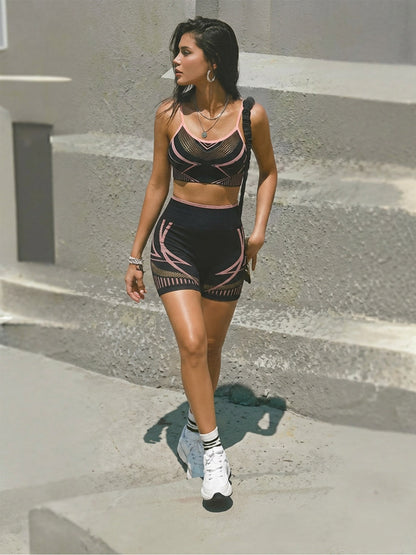 Black Pink Mesh Panel Sports Bra & High Waist Bike Shorts Set