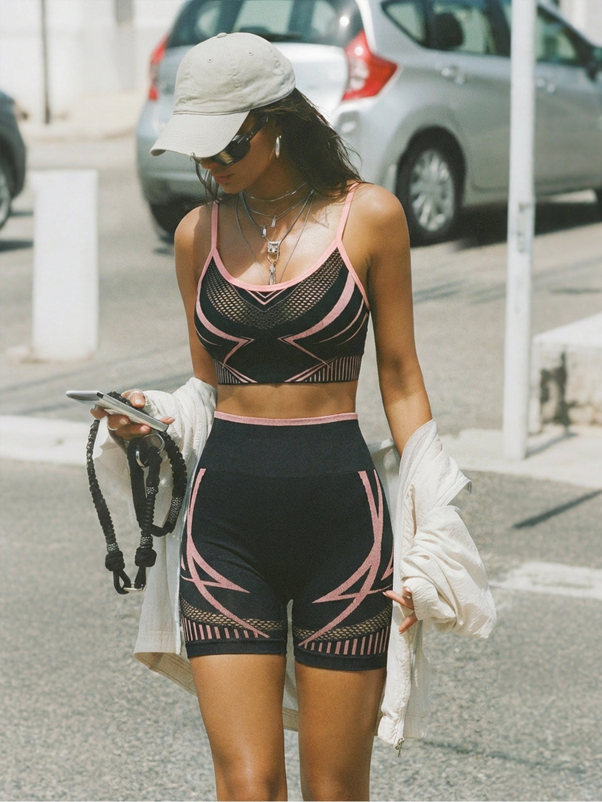 Black Pink Mesh Panel Sports Bra & High Waist Bike Shorts Set