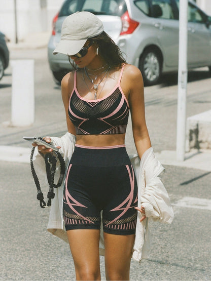 Black Pink Mesh Panel Sports Bra & High Waist Bike Shorts Set