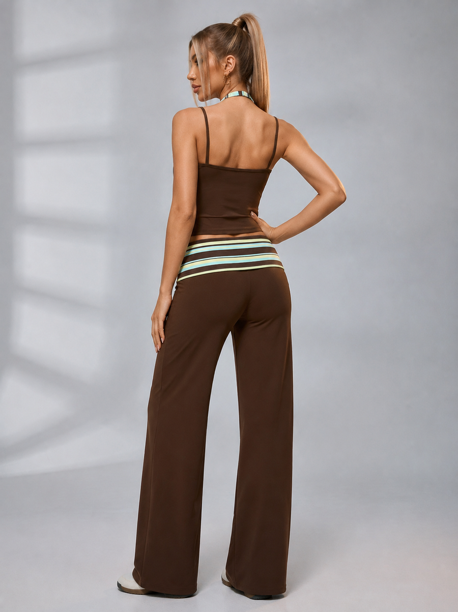 Super Sexy Printed Halter Crop Top Fold Over Waist Flared Pants Tracksuit