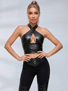 Cross Halter Faux Leather Patch Fitness Set