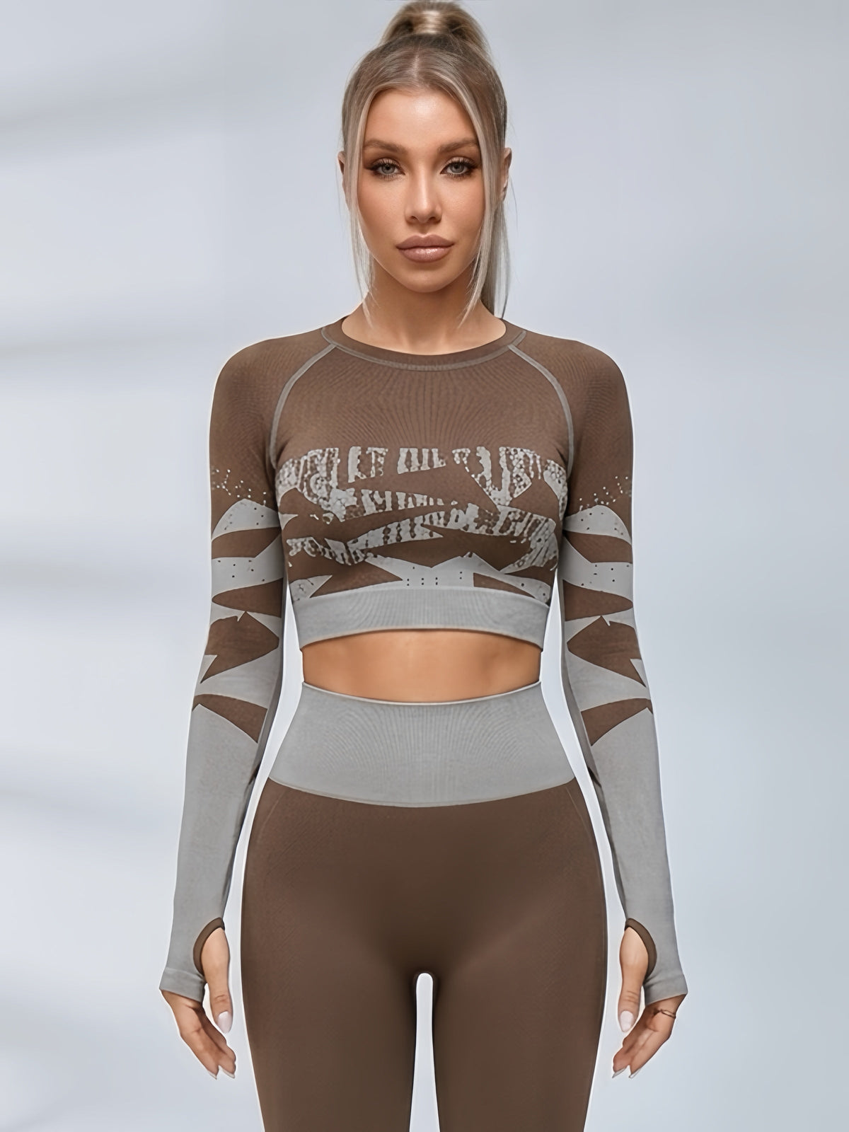 Seamless Print Long Sleeve Fitness Set