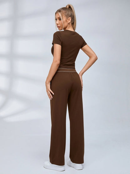 Crew Neck Casual Short Sleeve Wide Leggings Set