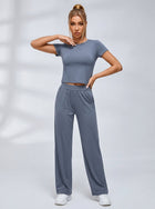Crew Neck Casual Short Sleeve Wide Leggings Set