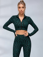 Zip Front Leopard Print Long Sleeve Fitness Set