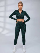 Zip Front Leopard Print Long Sleeve Fitness Set