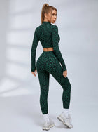 Zip Front Leopard Print Long Sleeve Fitness Set