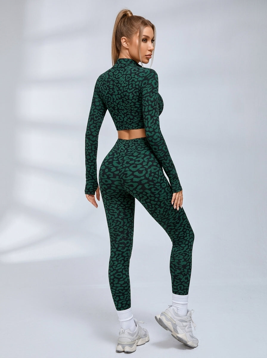 Zip Front Leopard Print Long Sleeve Fitness Set