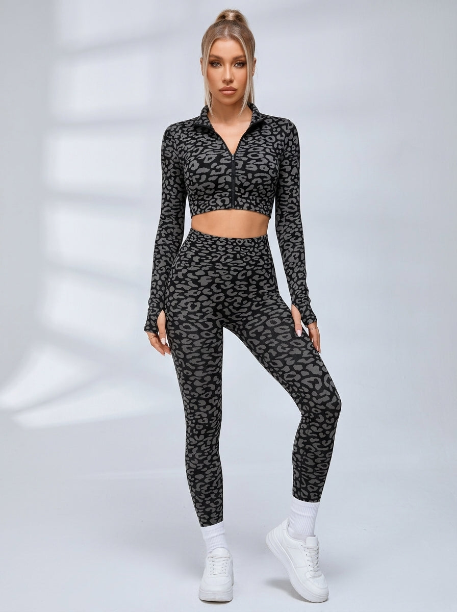 Zip Front Leopard Print Long Sleeve Fitness Set