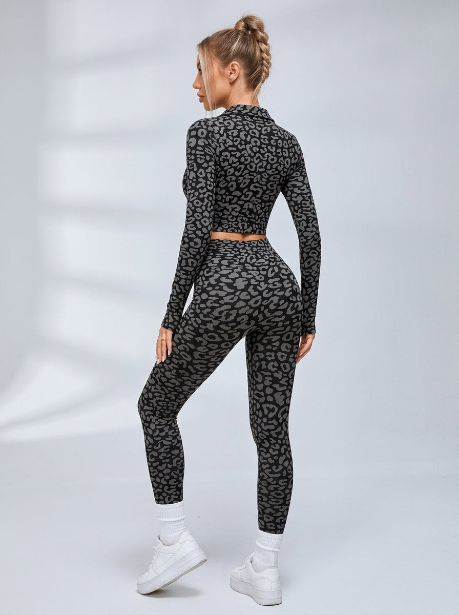 Zip Front Leopard Print Long Sleeve Fitness Set