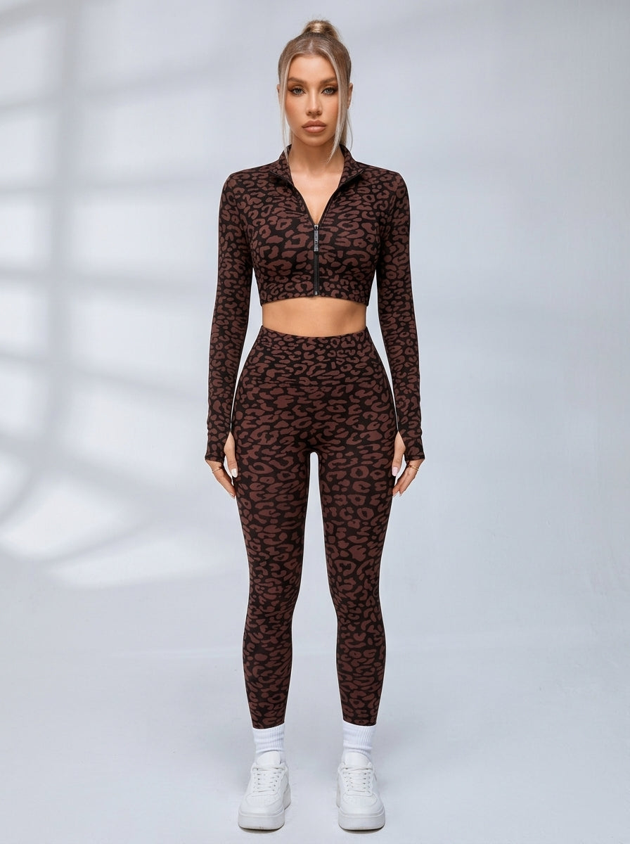 Zip Front Leopard Print Long Sleeve Fitness Set