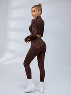 Zip Front Leopard Print Long Sleeve Fitness Set