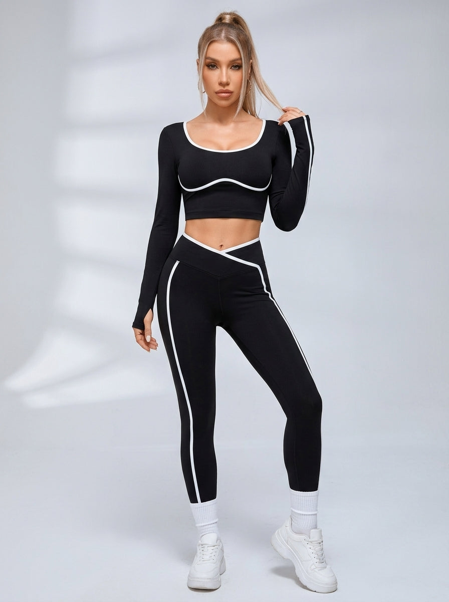 Contrast Piping U Back Long Sleeve Fitness Set