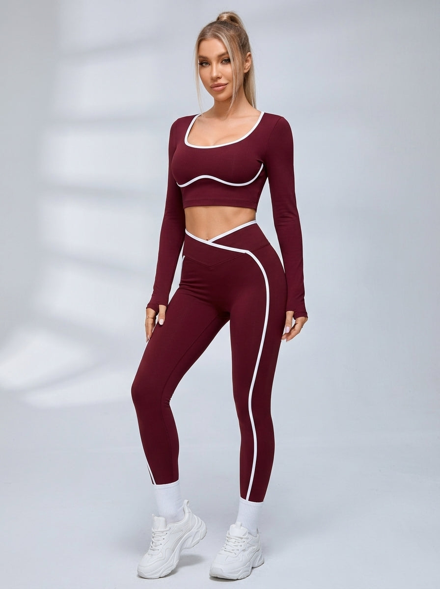 Contrast Piping U Back Long Sleeve Fitness Set