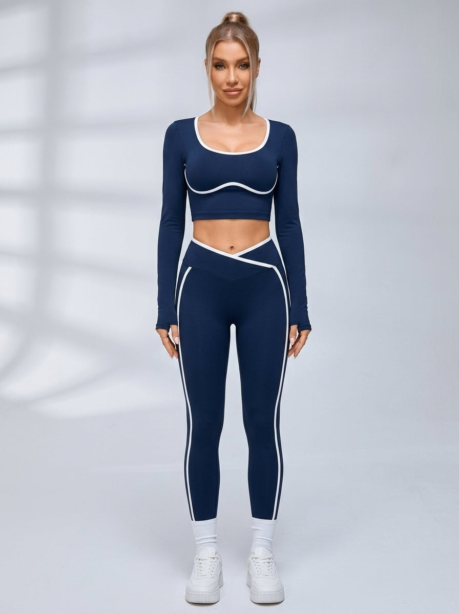 Contrast Piping U Back Long Sleeve Fitness Set