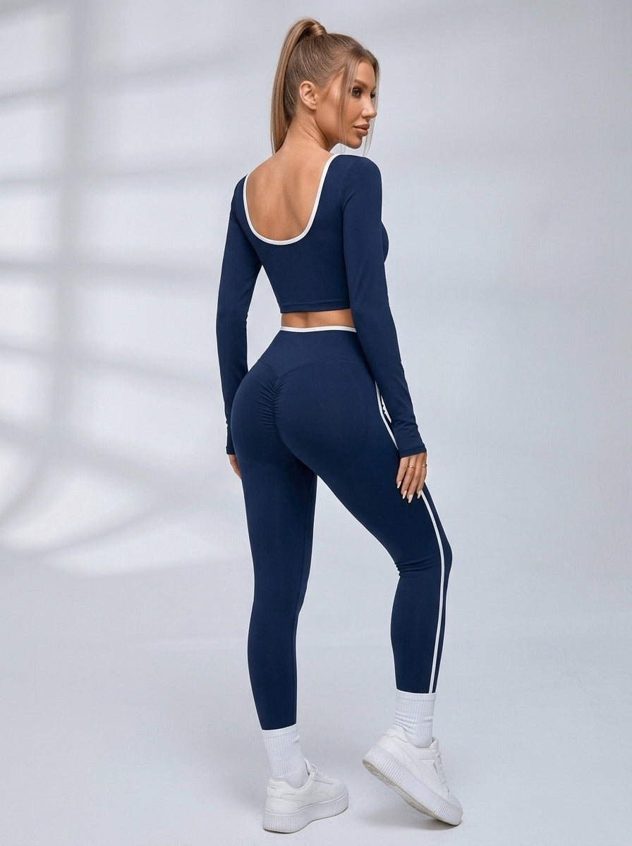 Contrast Piping U Back Long Sleeve Fitness Set