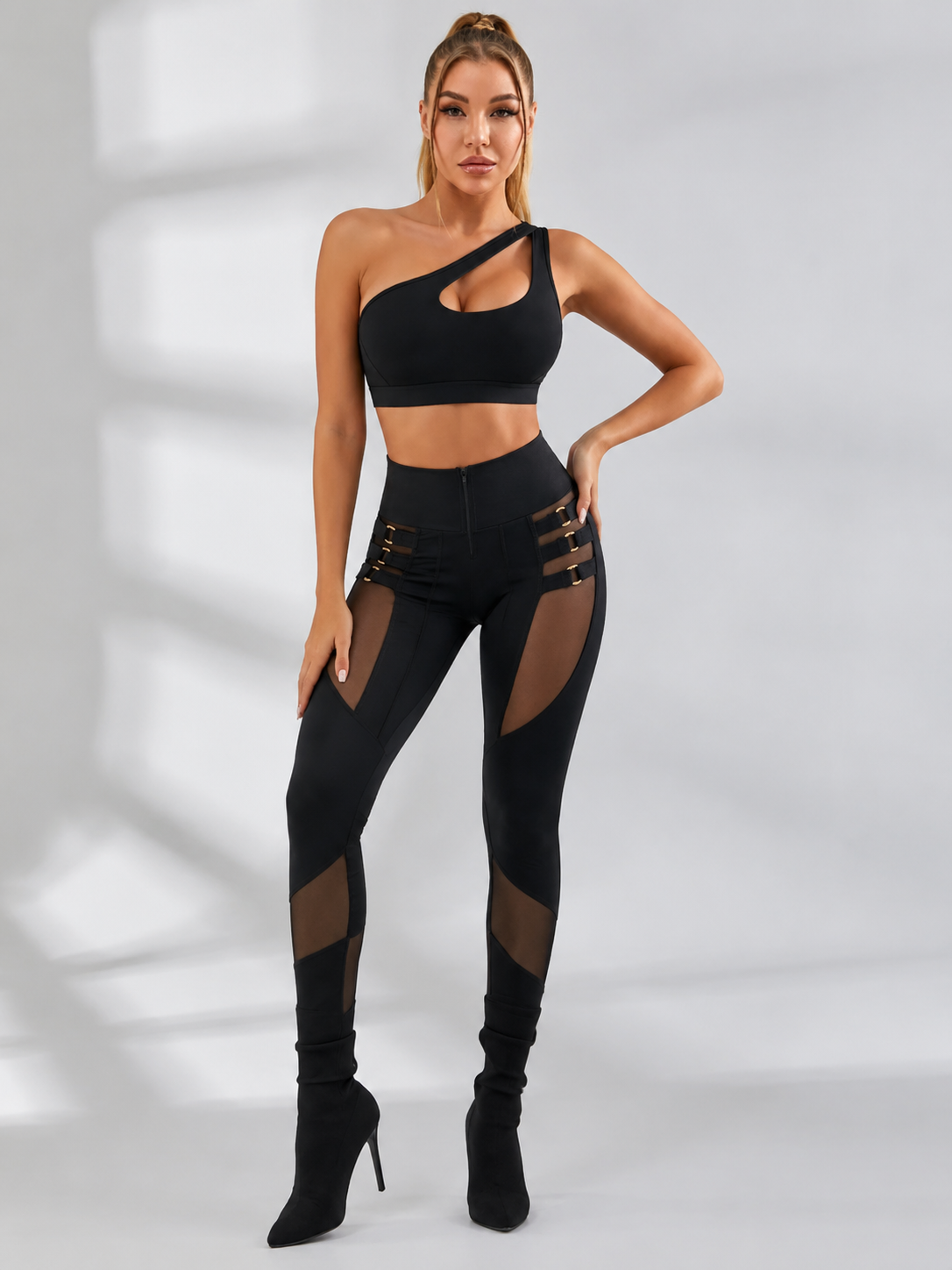 Super Sexy Cutout One Shoulder Mesh Buckle High Waist Hip-lift Tracksuit