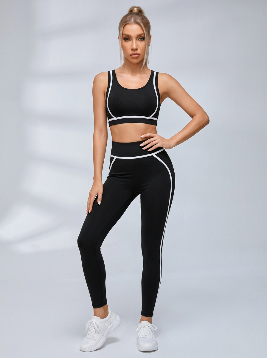 Contrast Piping Cutout Long Sleeve Leggings Set