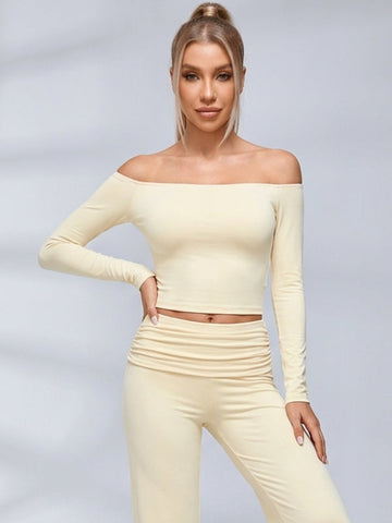 Off Shoulder Fold Waist Flared Leggings Set