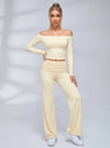 Off Shoulder Fold Waist Flared Leggings Set