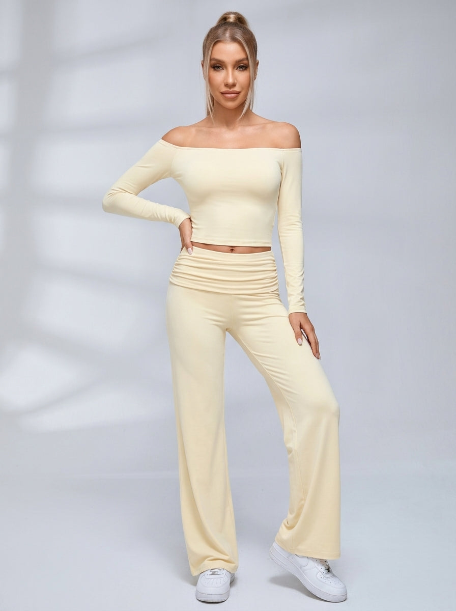Off Shoulder Fold Waist Flared Leggings Set