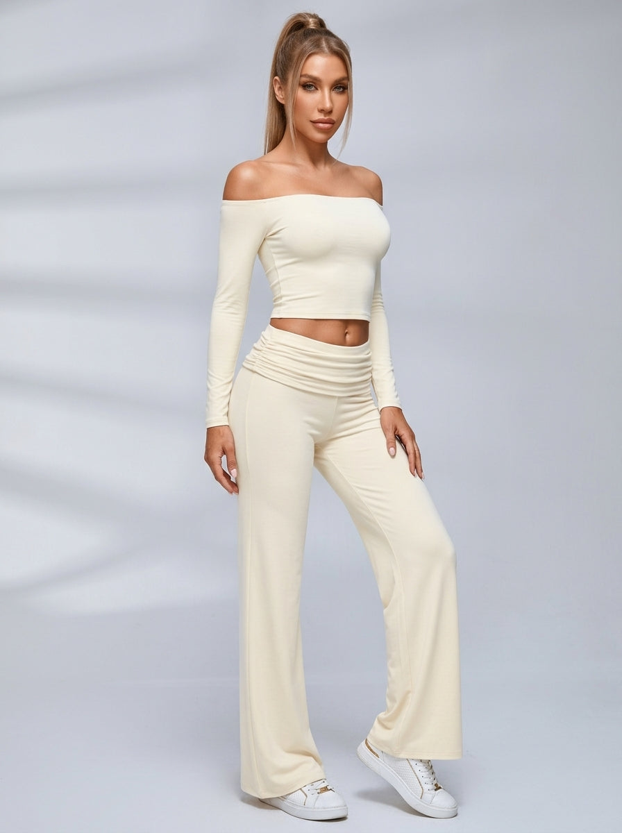 Off Shoulder Fold Waist Flared Leggings Set