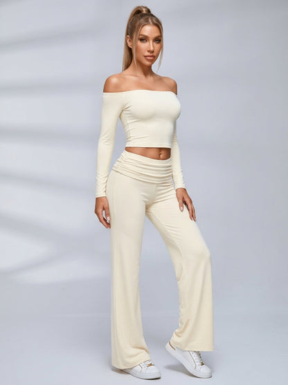 Off Shoulder Fold Waist Flared Leggings Set