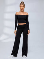 Off Shoulder Fold Waist Flared Leggings Set