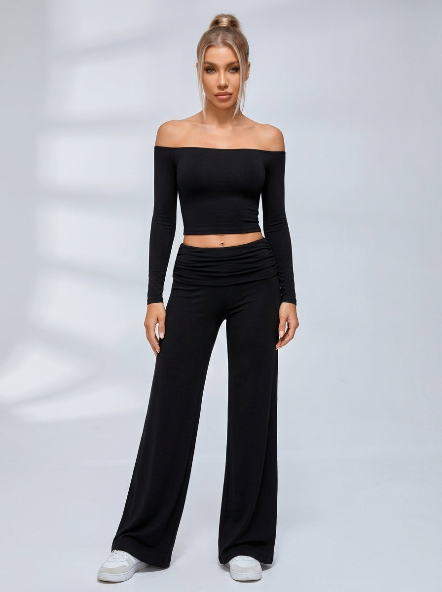 Off Shoulder Fold Waist Flared Leggings Set