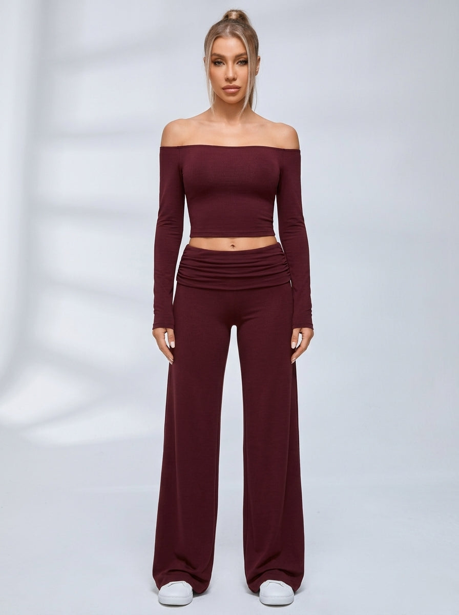 Off Shoulder Fold Waist Flared Leggings Set