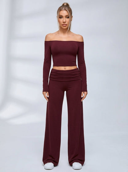 Off Shoulder Fold Waist Flared Leggings Set