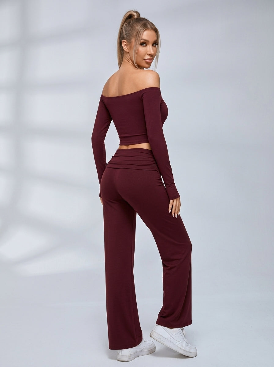 Off Shoulder Fold Waist Flared Leggings Set