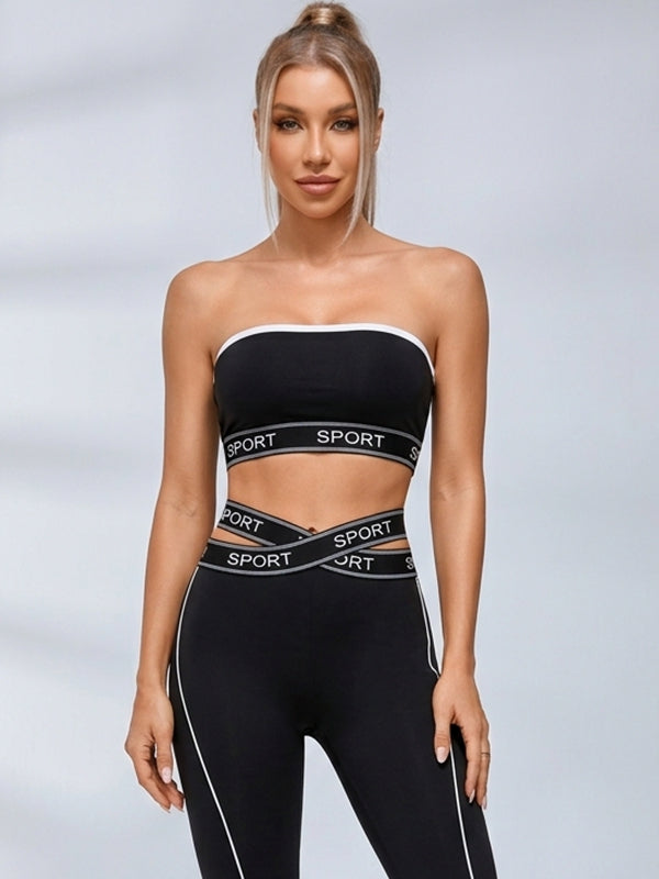 Sport Letter Bandeau Crisscross Waist Leggings Set
