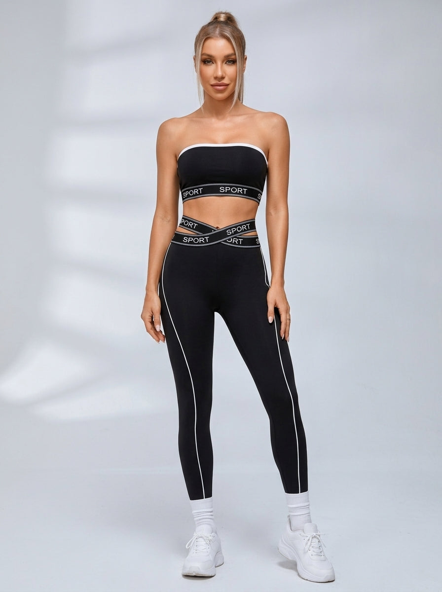Sport Letter Bandeau Crisscross Waist Leggings Set