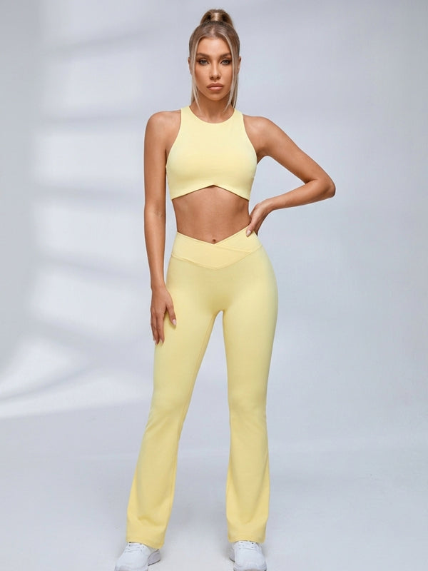 Cutout Back Crop Top V‑Waist Flared Leggings Set