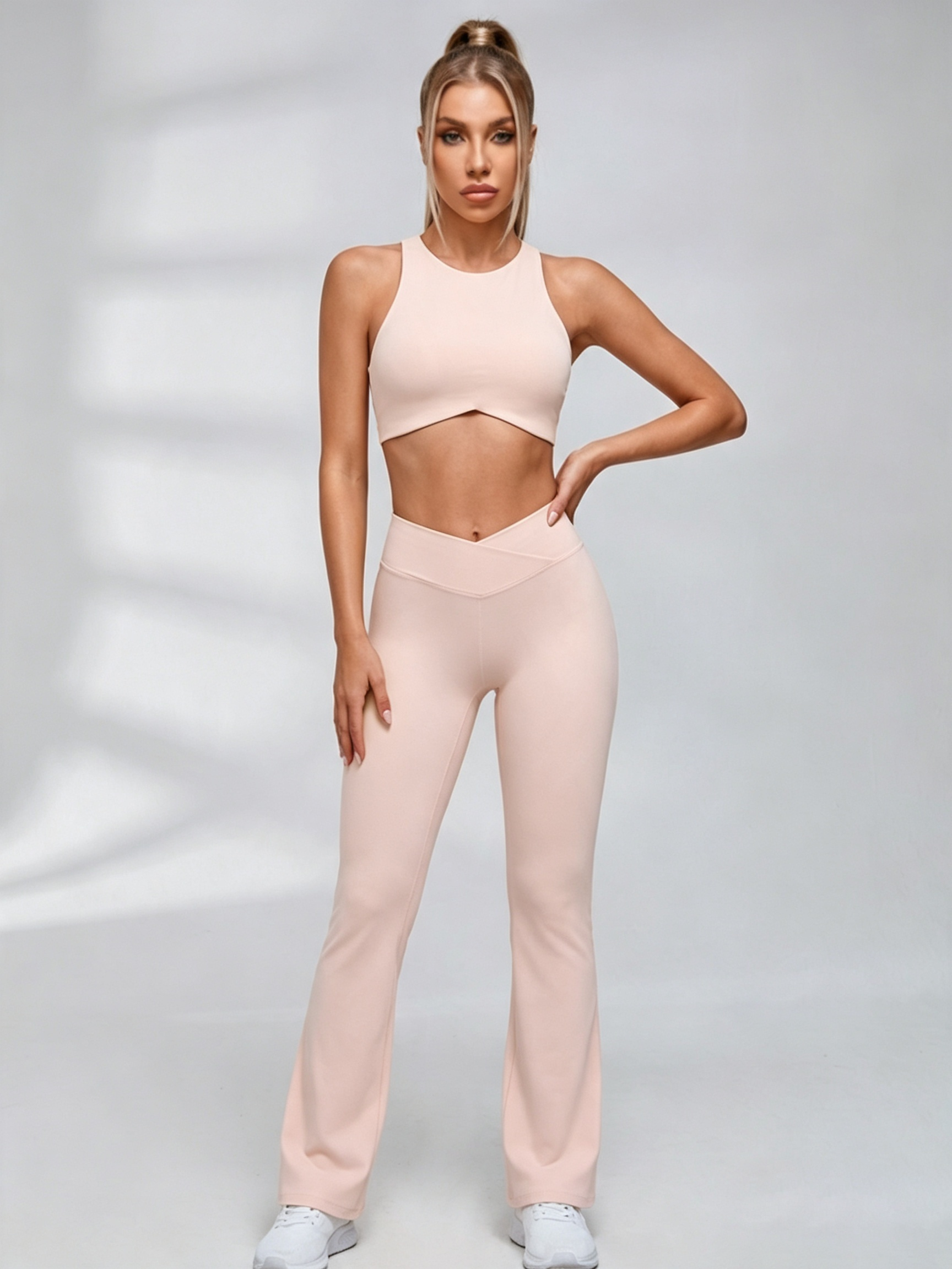 Cutout Back Crop Top V‑Waist Flared Leggings Set