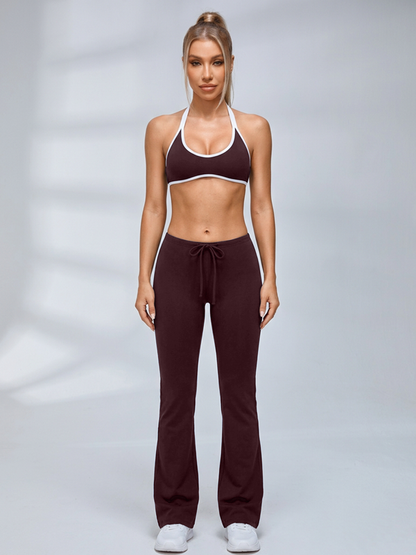 Contrast Trim Halter Drawstring Flared Leggings Set