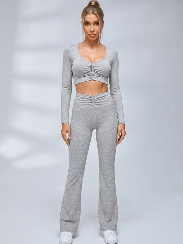Ruched Front Long Sleeve Flared Leggings Set
